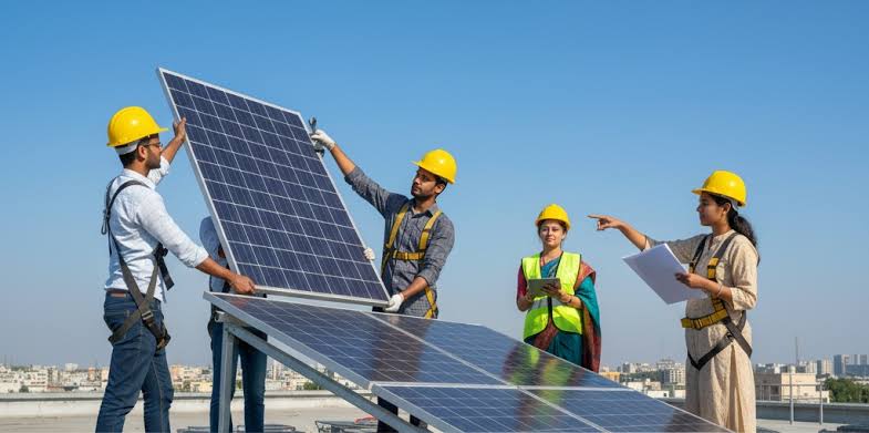 Professional solar technician installing panels